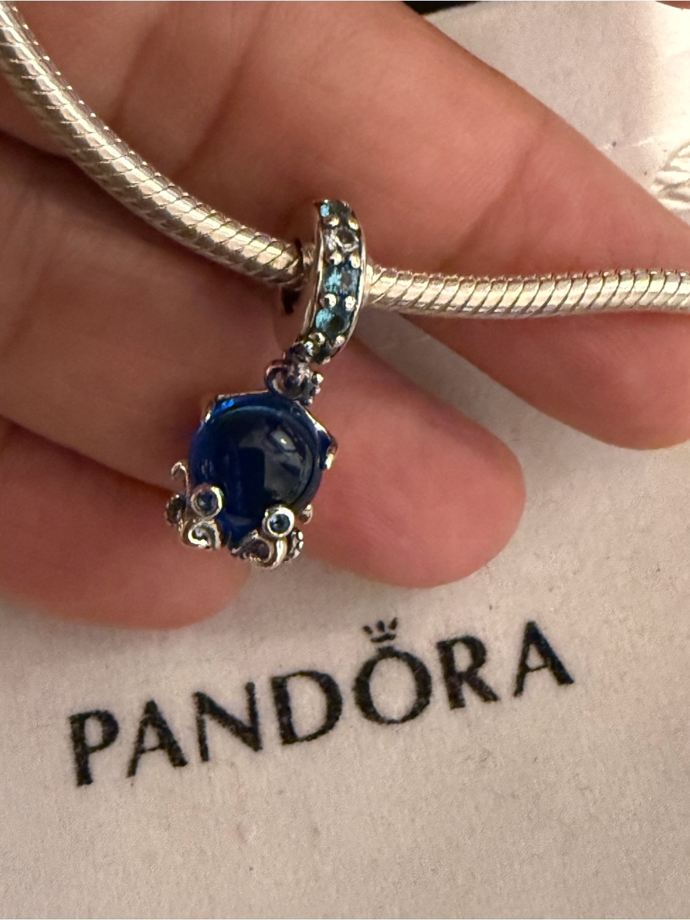 Pandora Deep Blue Octagon Dangle Charm on Silver Bracelet